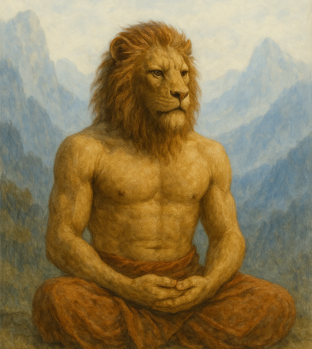 A lion-headed man sits in meditation.